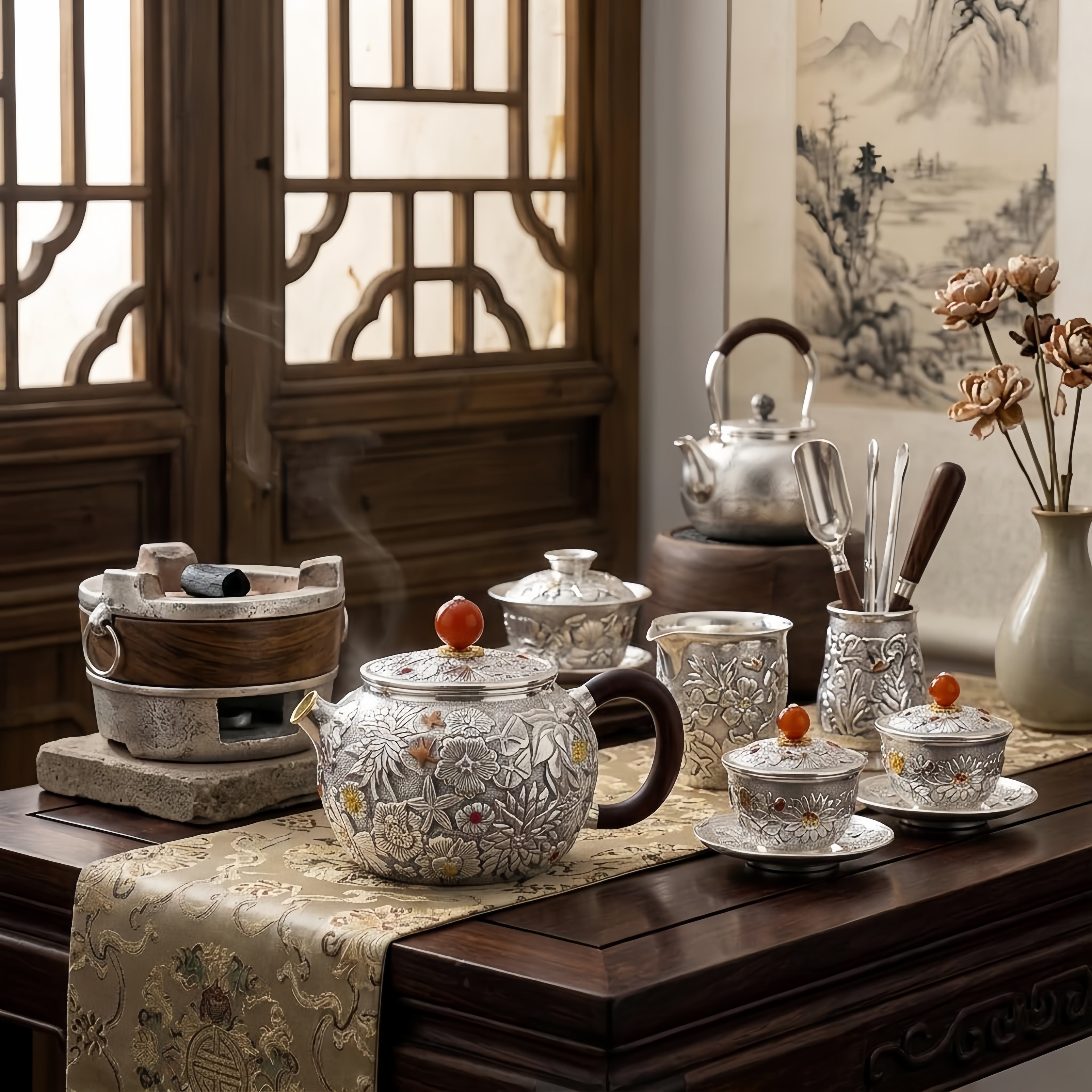 Handcrafted 925 Sterling Silver Floral Relief Teapot with Wooden Handle & Red Accent -  Luxury Silver Tea Pot Décor & Collectible