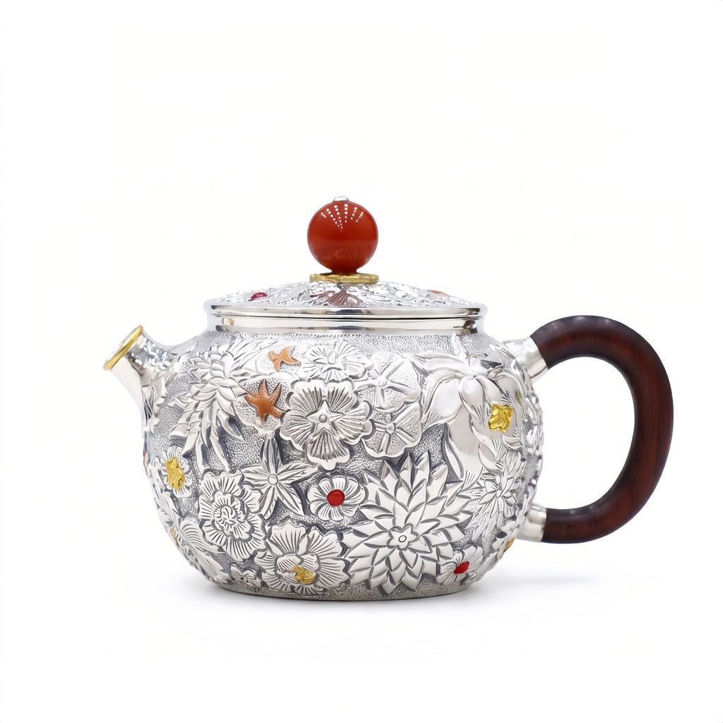 Handcrafted 925 Sterling Silver Floral Relief Teapot with Wooden Handle & Red Accent -  Luxury Silver Tea Pot Décor & Collectible