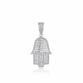 Silver Hamsa hand pendant necklace on a white background