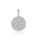 Silver necklace with a round, intricately designed pendant on a white background