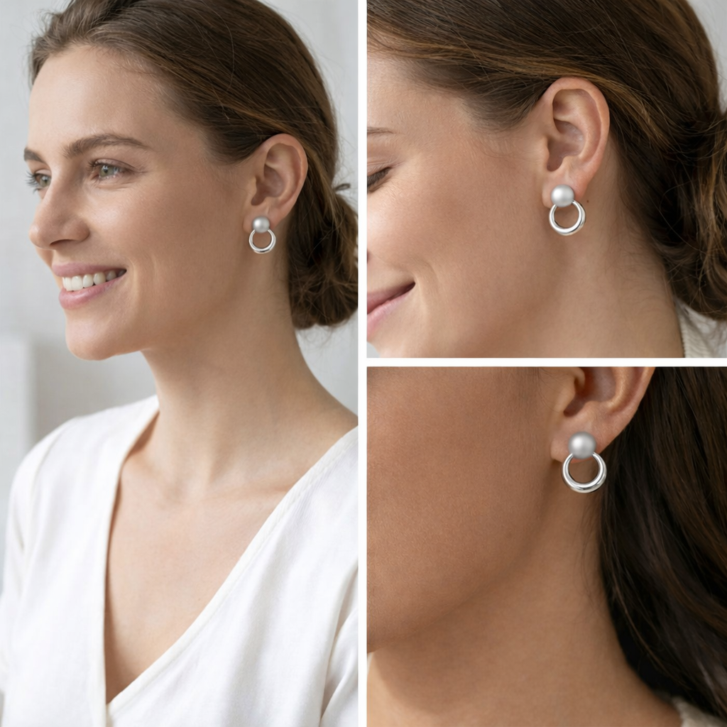 925 Sterling Silver Matte Ball & Polished Hoop Drop Earrings – Minimalist Geometric Statement Jewelry for Women