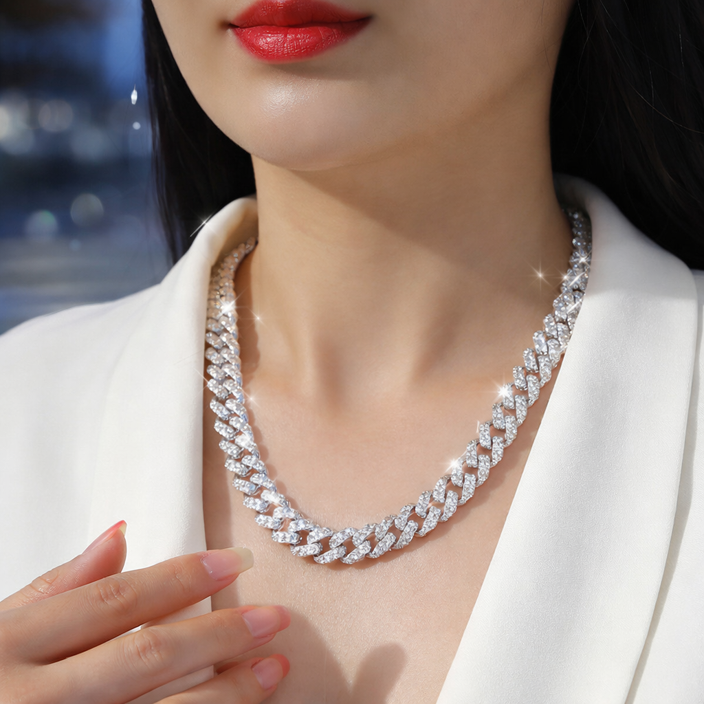 Luxurious Moissanite Cuban Chain Necklace Set Platinum Plated 925 Sterling Silver Luxury GRA Certified Jewelry
