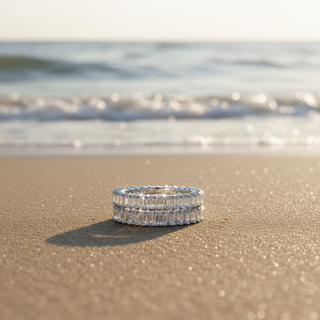 Two diamond eternity bands on a light surface