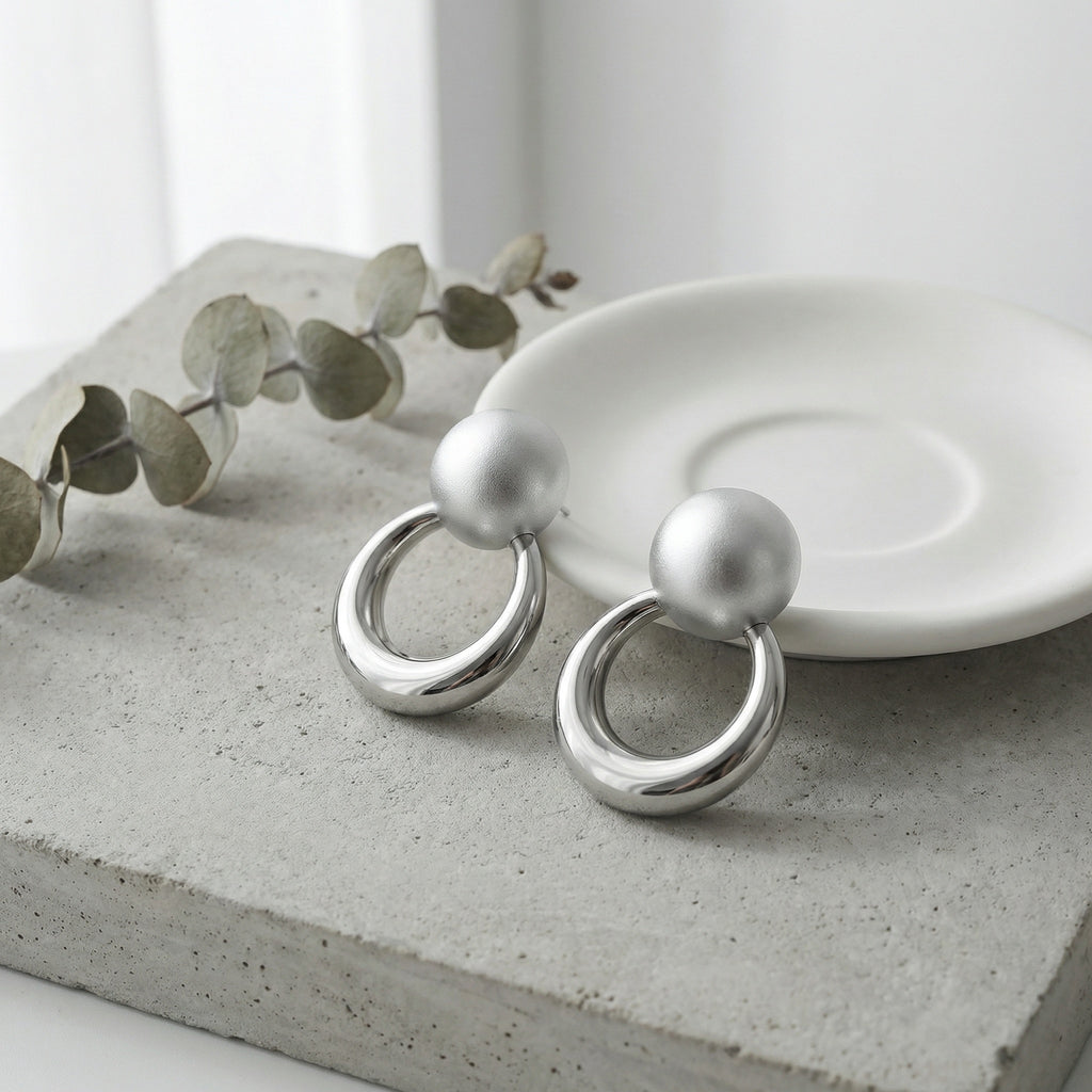 925 Sterling Silver Matte Ball & Polished Hoop Drop Earrings – Minimalist Geometric Statement Jewelry for Women