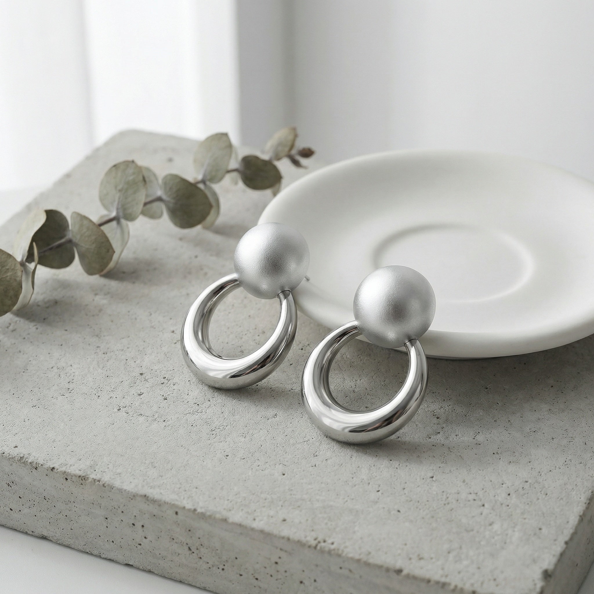 925 Sterling Silver Matte Ball & Polished Hoop Drop Earrings – Minimalist Geometric Statement Jewelry for Women