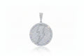 Silver necklace with a round pendant featuring a lightning bolt design on a white background
