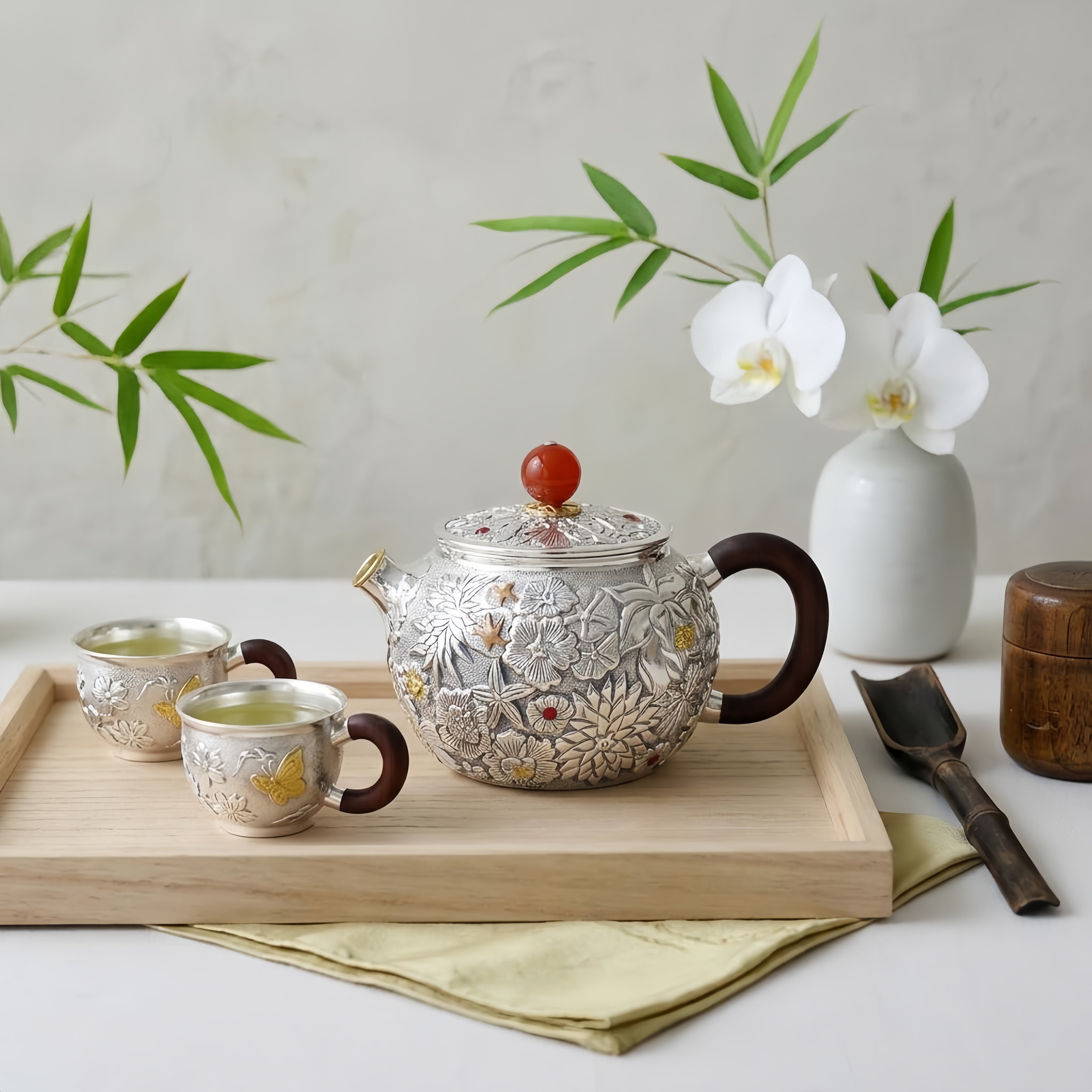 Handcrafted 925 Sterling Silver Floral Relief Teapot with Wooden Handle & Red Accent -  Luxury Silver Tea Pot Décor & Collectible