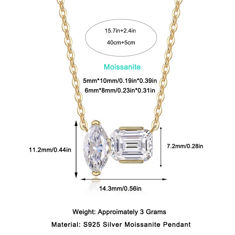 Gold necklace with moissanite pendant and measurements on a white background