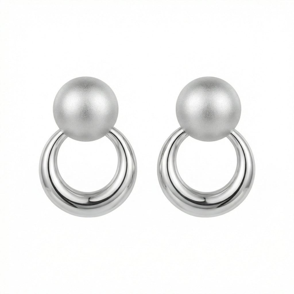 925 Sterling Silver Matte Ball & Polished Hoop Drop Earrings – Minimalist Geometric Statement Jewelry for Women