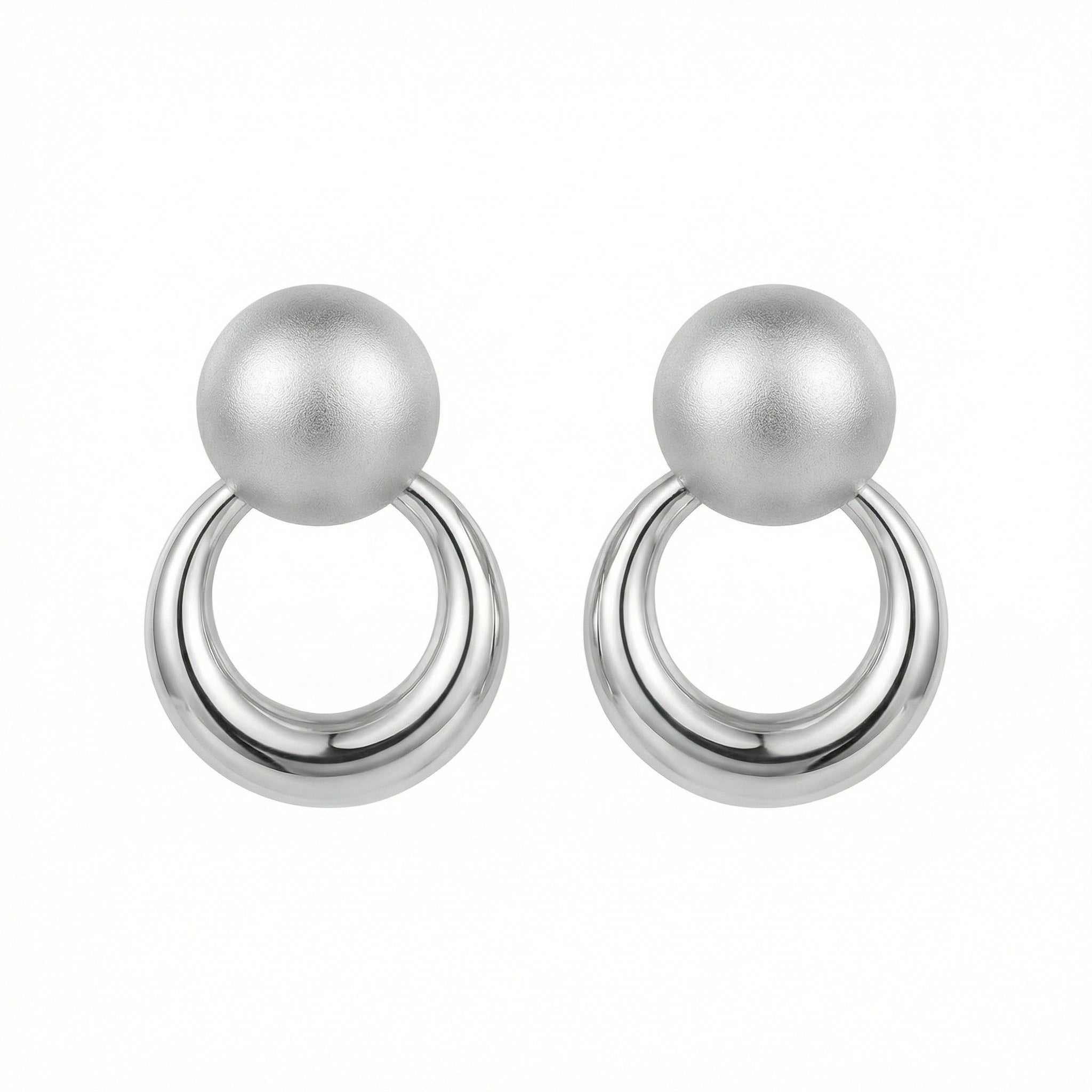925 Sterling Silver Matte Ball & Polished Hoop Drop Earrings – Minimalist Geometric Statement Jewelry for Women