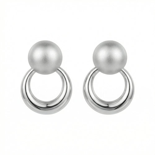 925 Sterling Silver Matte Ball & Polished Hoop Drop Earrings – Minimalist Geometric Statement Jewelry for Women