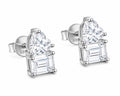 A pair of silver stud earrings featuring a heart-shaped clear gemstone above an emerald-cut clear gemstone, shown on a clean white background. The posts are marked with 'S925'.